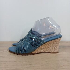 Naturalizer Sandals Women 8.5 Blue Leather Strappy Wedge Slide Comfort